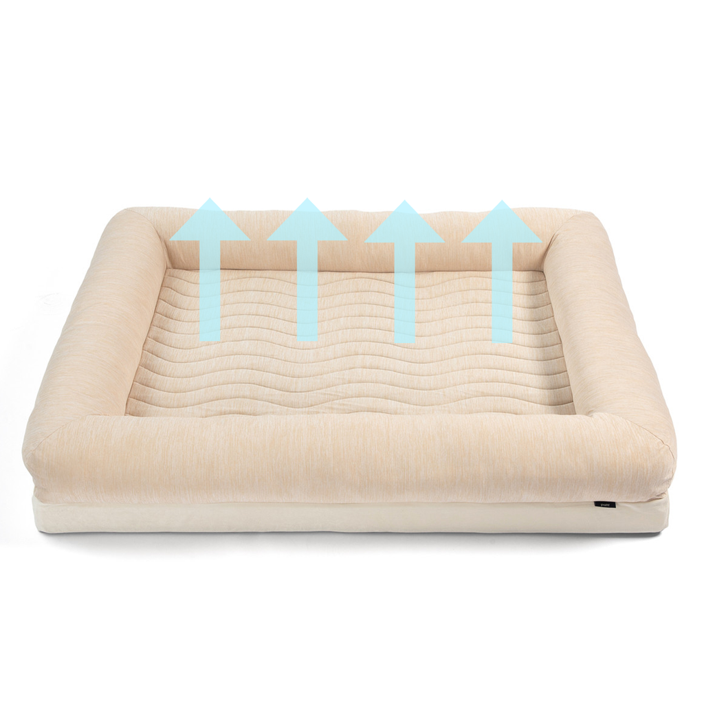 Cooling 4-bolster dog bed in arctic sand with thick cushioned sides and quilted top