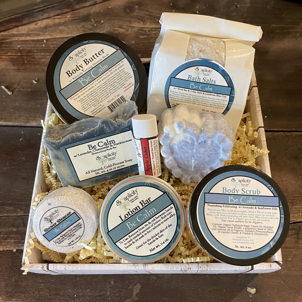 Large gift set with body butter, bath salts, lotion bar, soap, and body scrub (Be Calm)