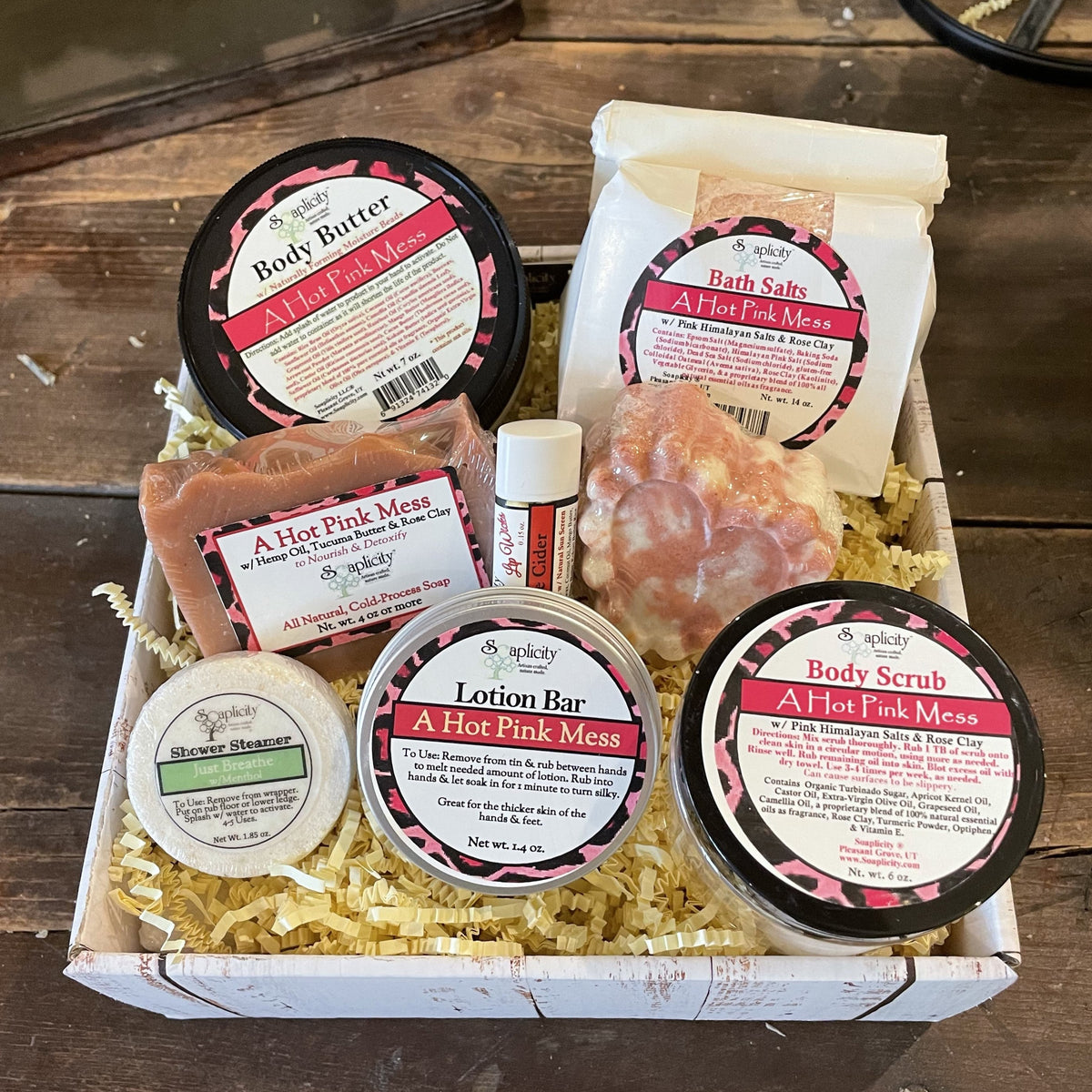 Large gift set with body butter, bath salts, lotion bar, and body scrub (A Hot Pink Mess)