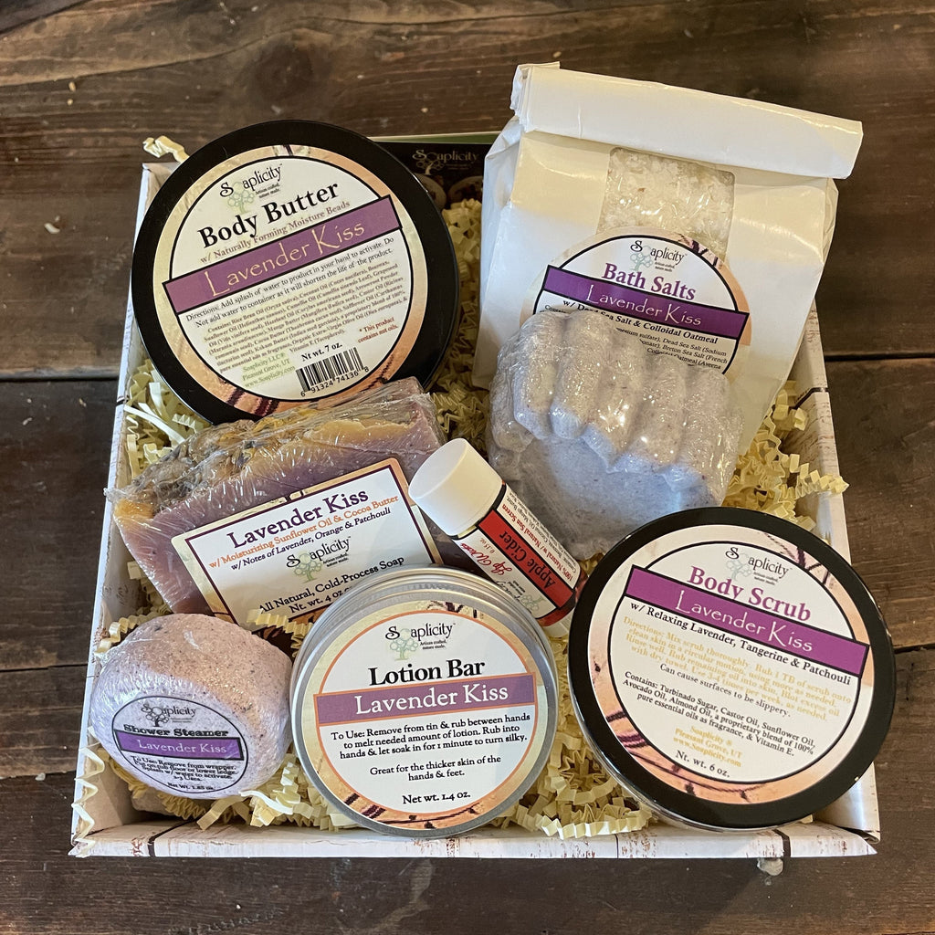 Large gift set with body butter, bath salts, lotion bar, soap, and body scrub (Lavender Kiss)