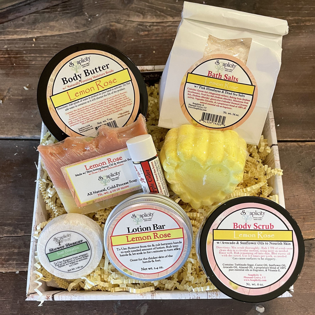 Large gift set with body butter, bath salts, lotion bar, soap, and body scrub (Lemon Rose)