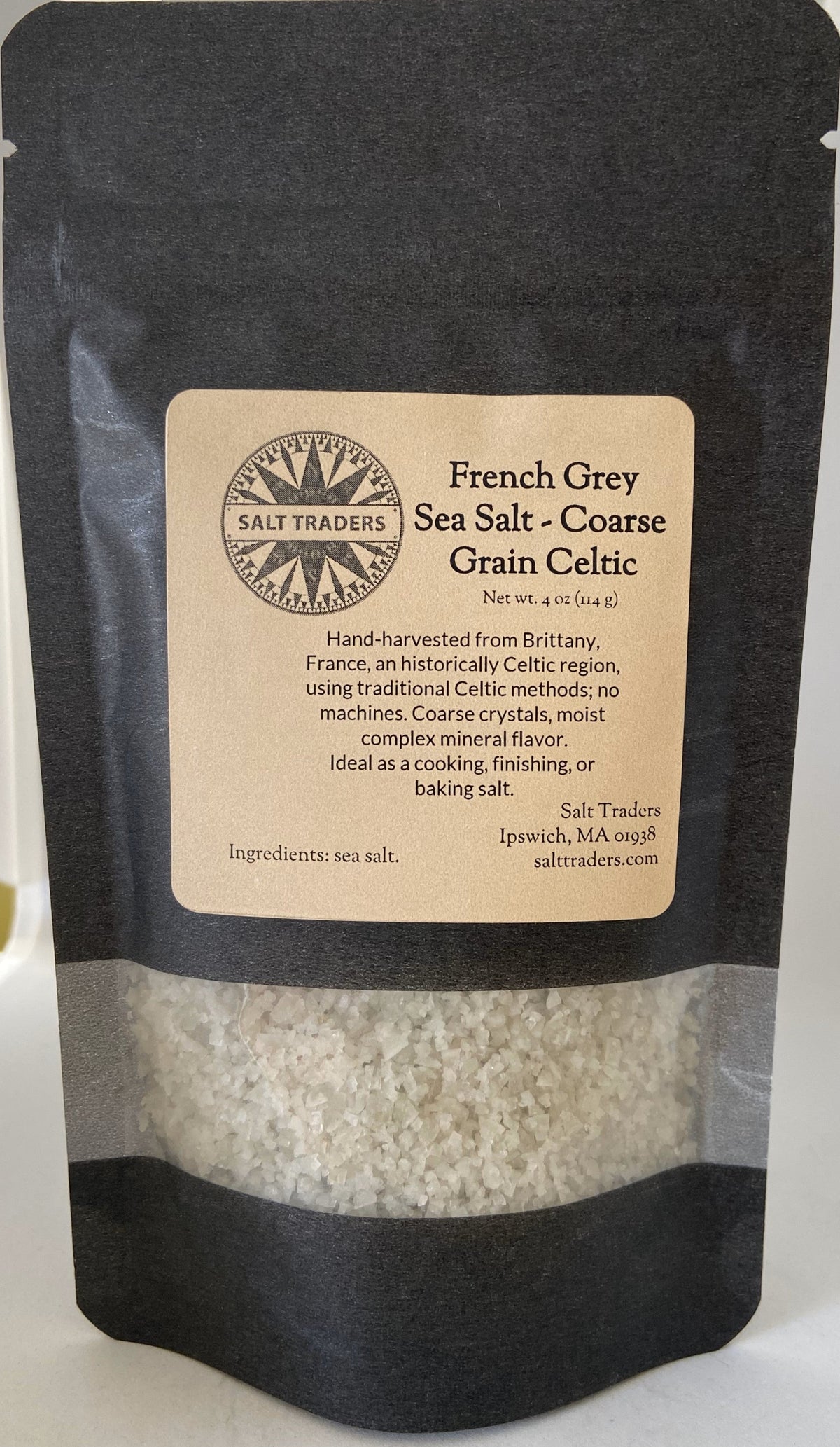 French Grey coarse grain sea salt pouch with beige label and coarse salt crystals