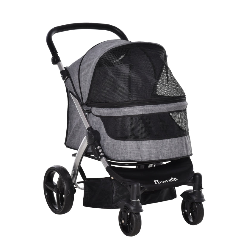 Gray and black pet stroller with mesh canopy and front basket, side view.