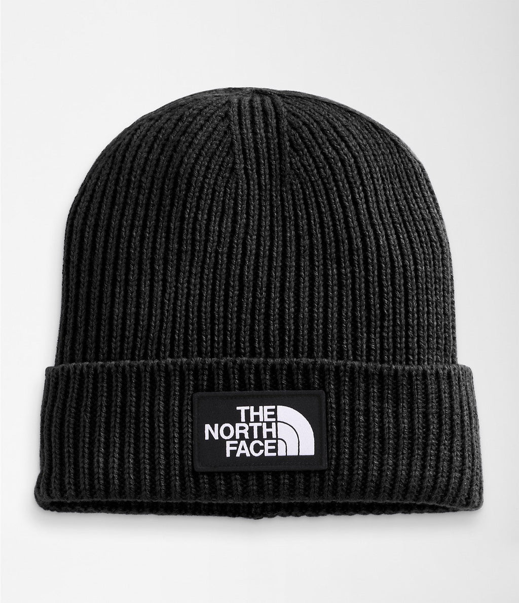 Men’s ribbed cuff beanie in dark black with The North Face logo patch