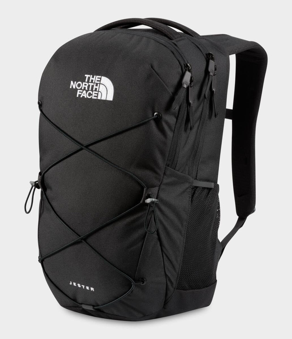 Jester laptop backpack in black, side view with padded shoulder straps