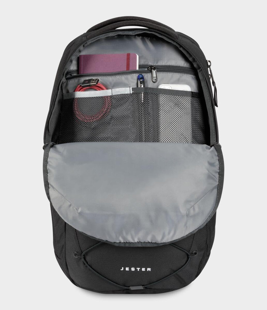 Jester laptop backpack, black with front mesh pocket and open top compartment