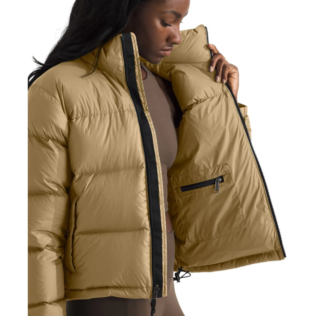 Women’s khaki insulated jacket with front zip and side pocket, hooded collar