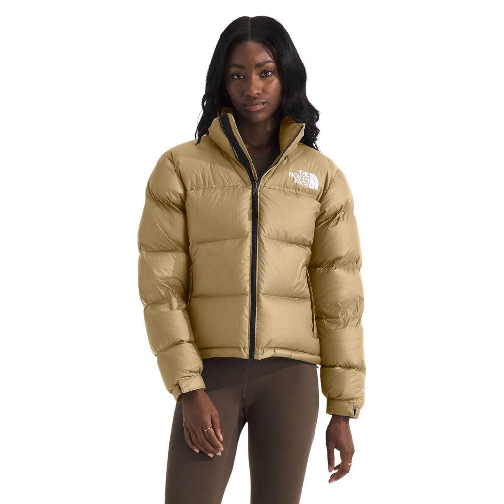 Women's khaki quilted puffer jacket with stand collar and zip front