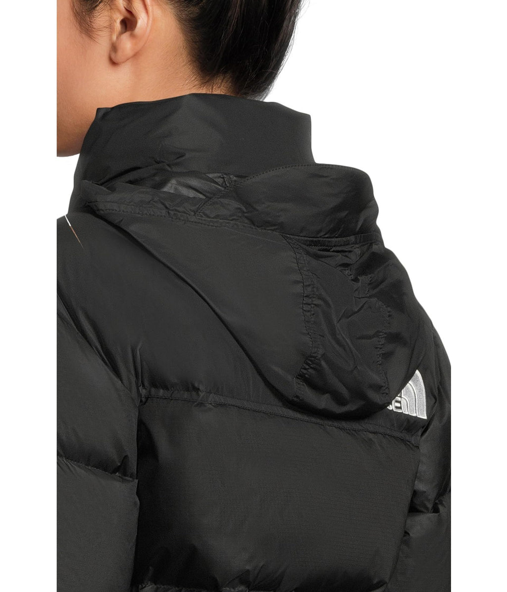 Women’s black hooded puffer jacket back view with quilted panels and logo patch