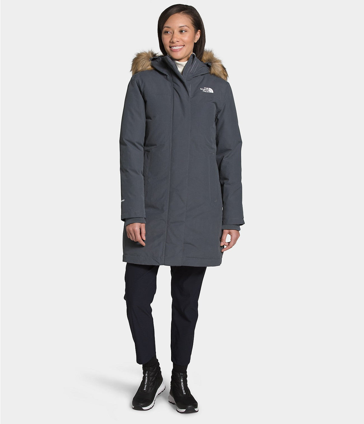 Women’s Arctic parka with faux-fur trimmed hood, dark charcoal, full-length coat