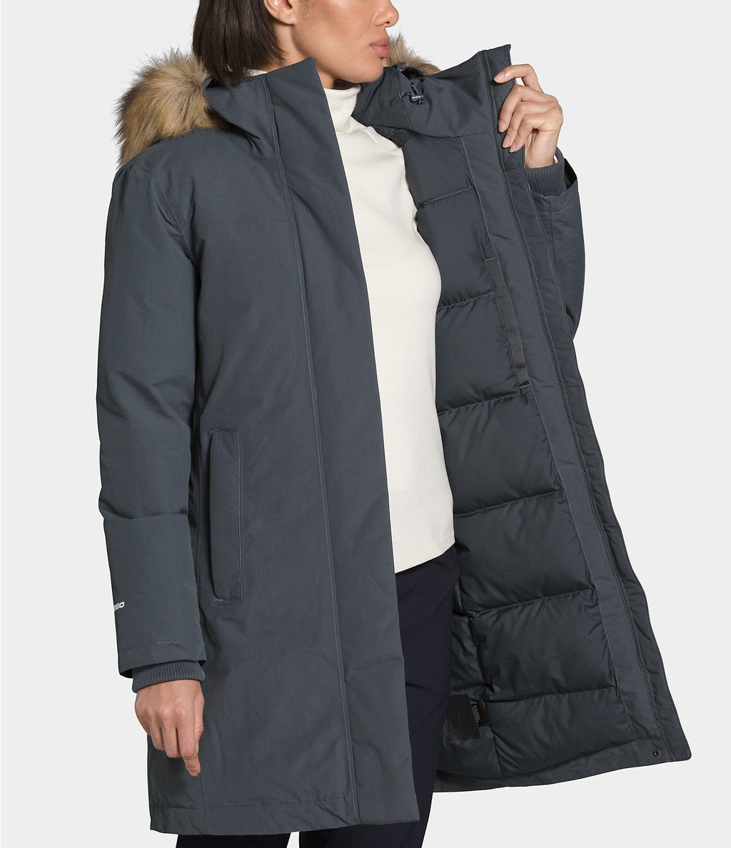 Women’s Arctic parka with faux-fur trimmed hood, dark charcoal, open front shows lining