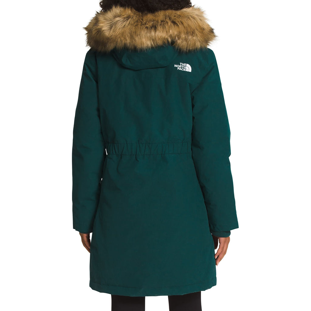 Women’s dark teal Arctic Parka, rear view with faux-fur hood trim