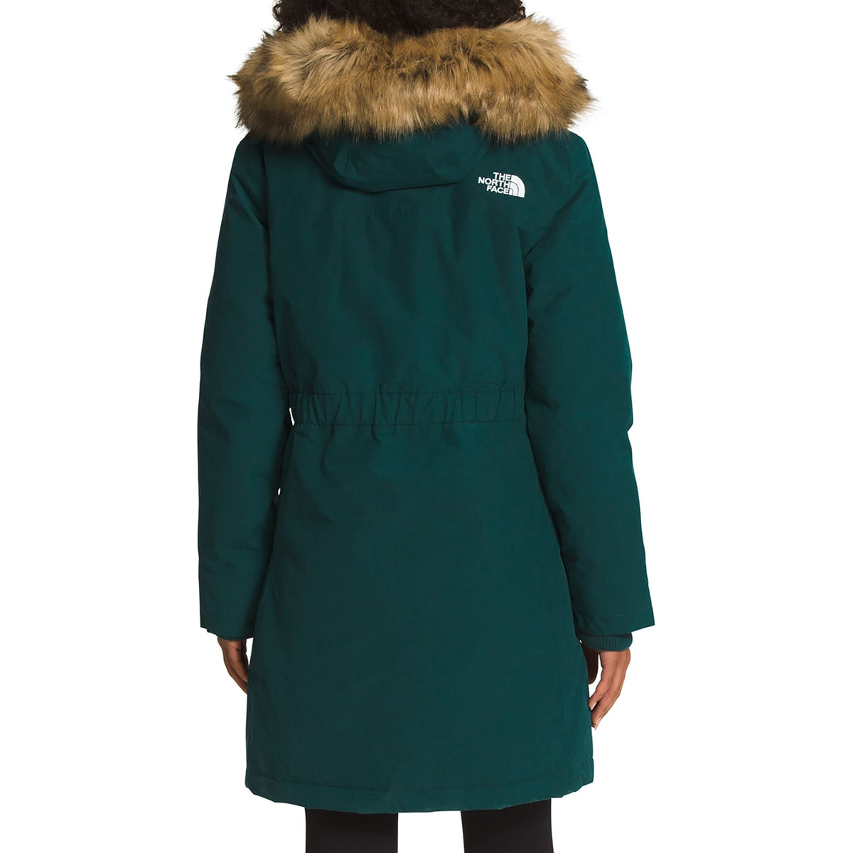 Women’s dark teal Arctic Parka, rear view with faux-fur hood trim