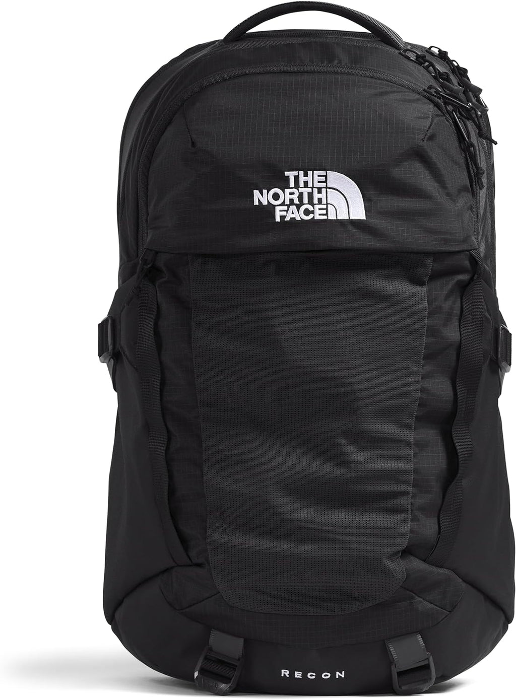 Black laptop backpack with front panel, top handle, and The North Face logo