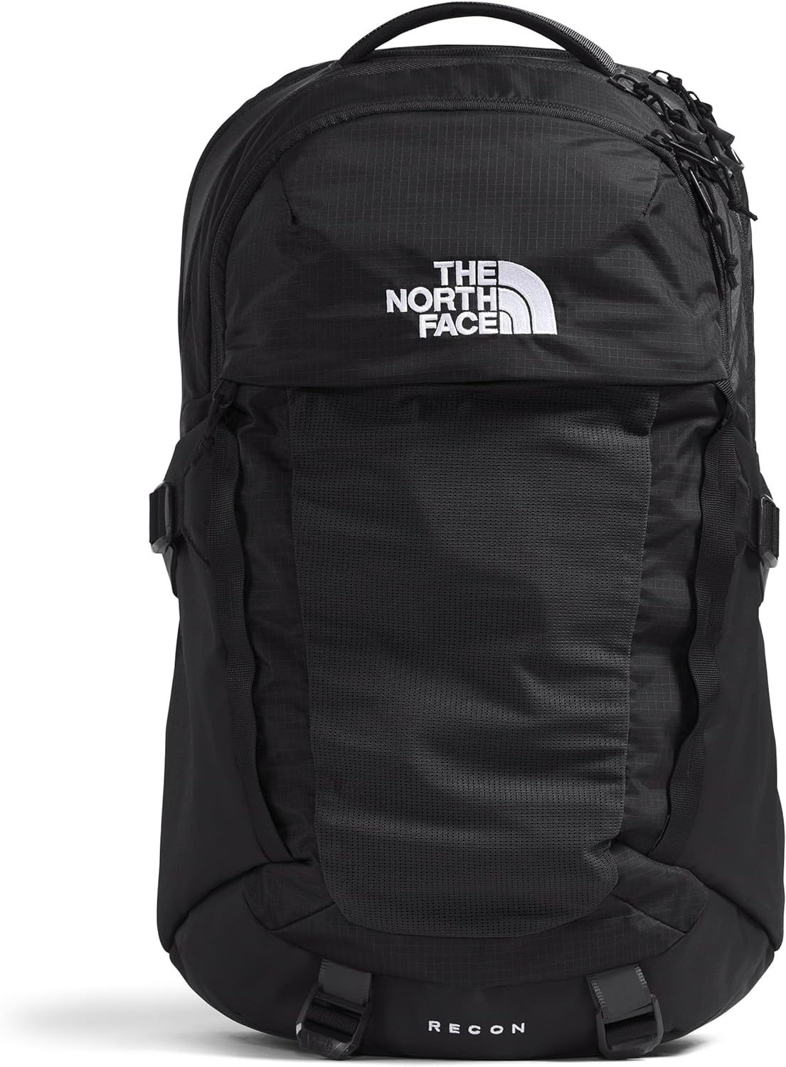 Black laptop backpack with front panel, top handle, and The North Face logo