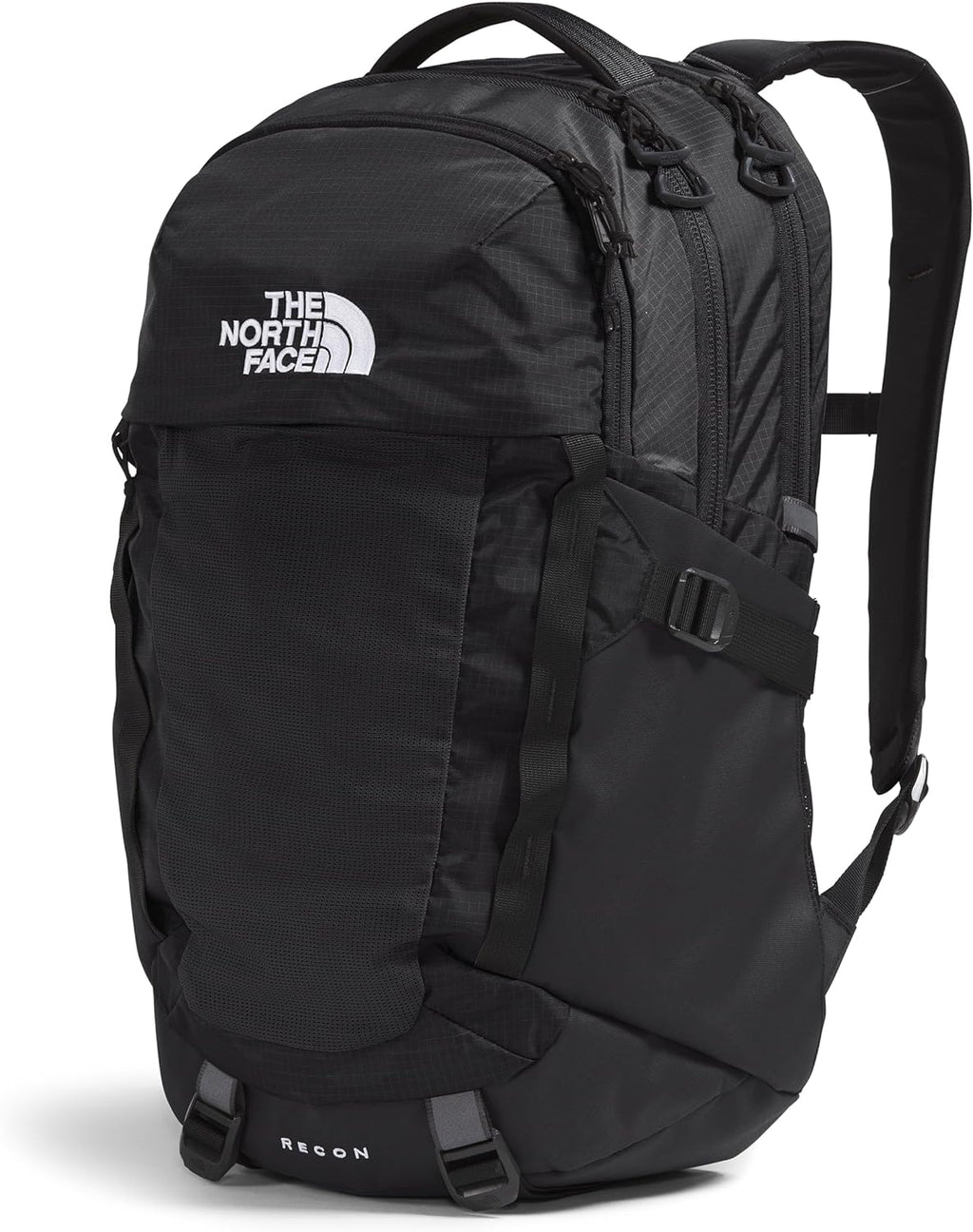 Black laptop backpack with side pocket, front straps, and The North Face logo