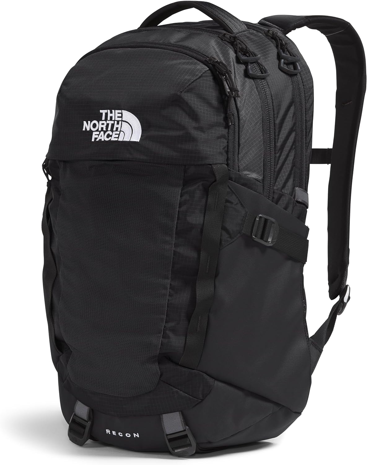 Black laptop backpack with side pocket, front straps, and The North Face logo