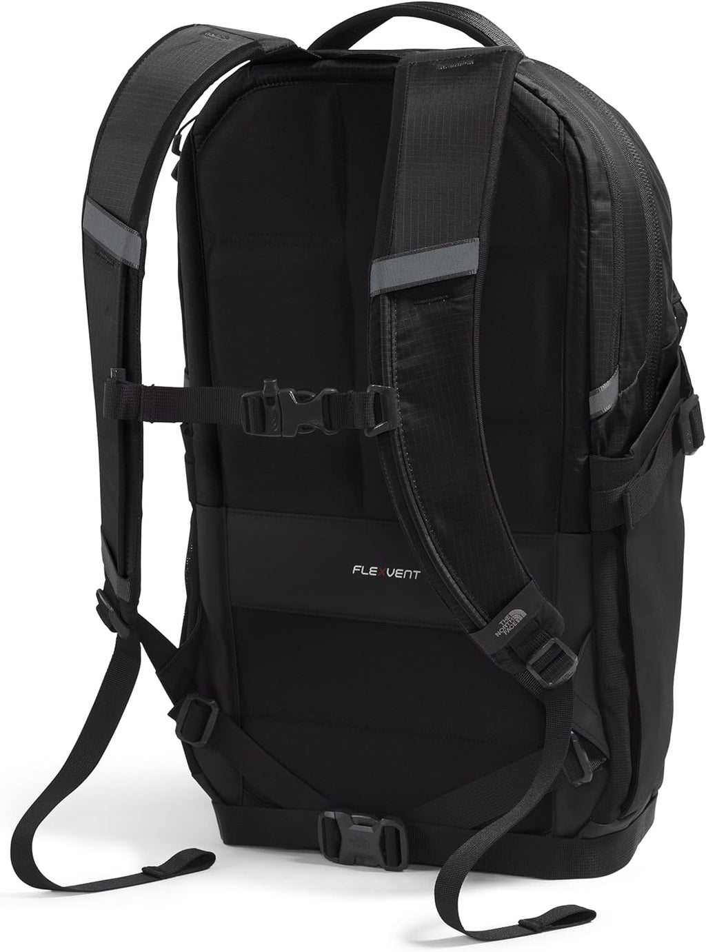 Black laptop backpack with ventilated back panel, shoulder straps, and chest strap
