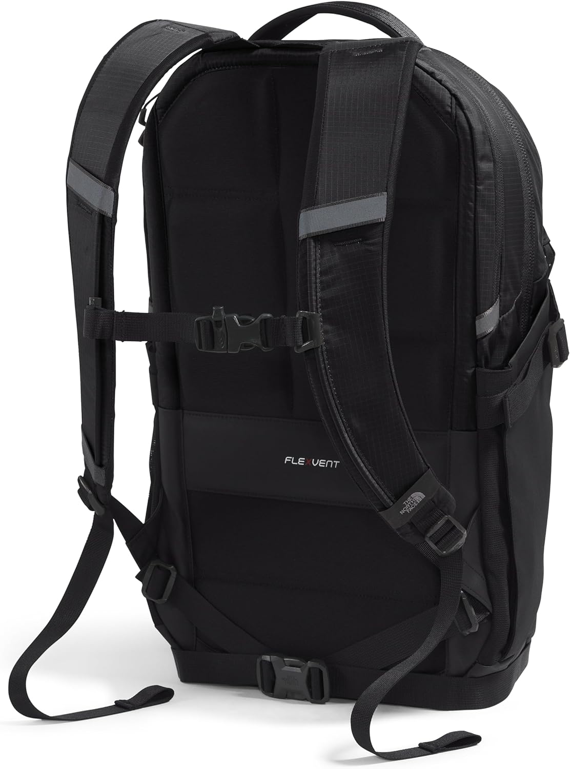 Black laptop backpack with ventilated back panel, shoulder straps, and chest strap