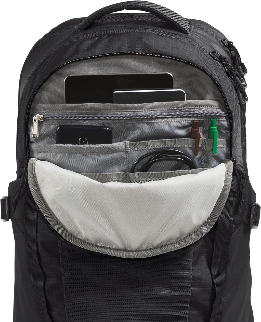 Black laptop backpack interior with zip organizer pocket and cable/pen slots
