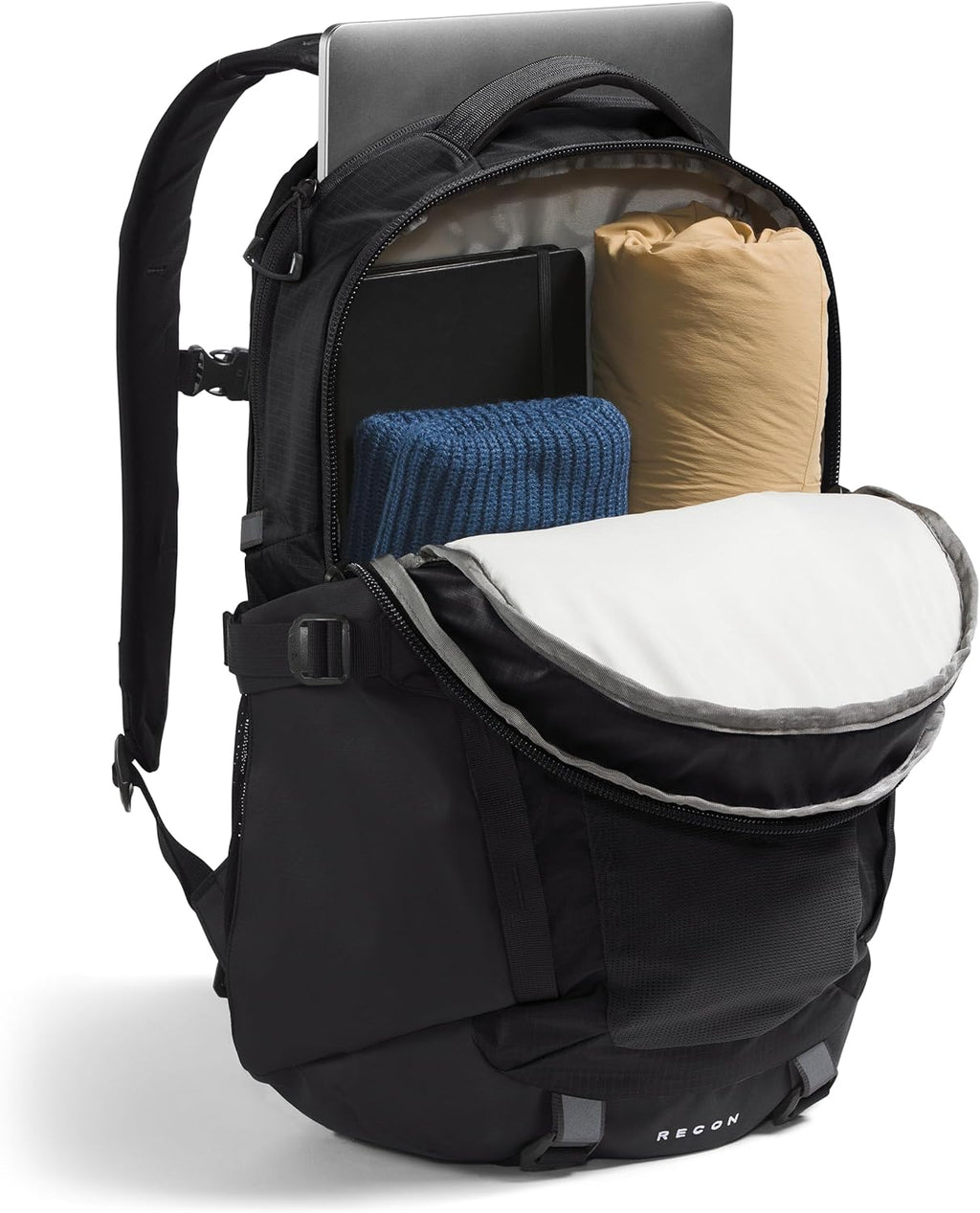 Black laptop backpack open with padded sleeve and storage pouches