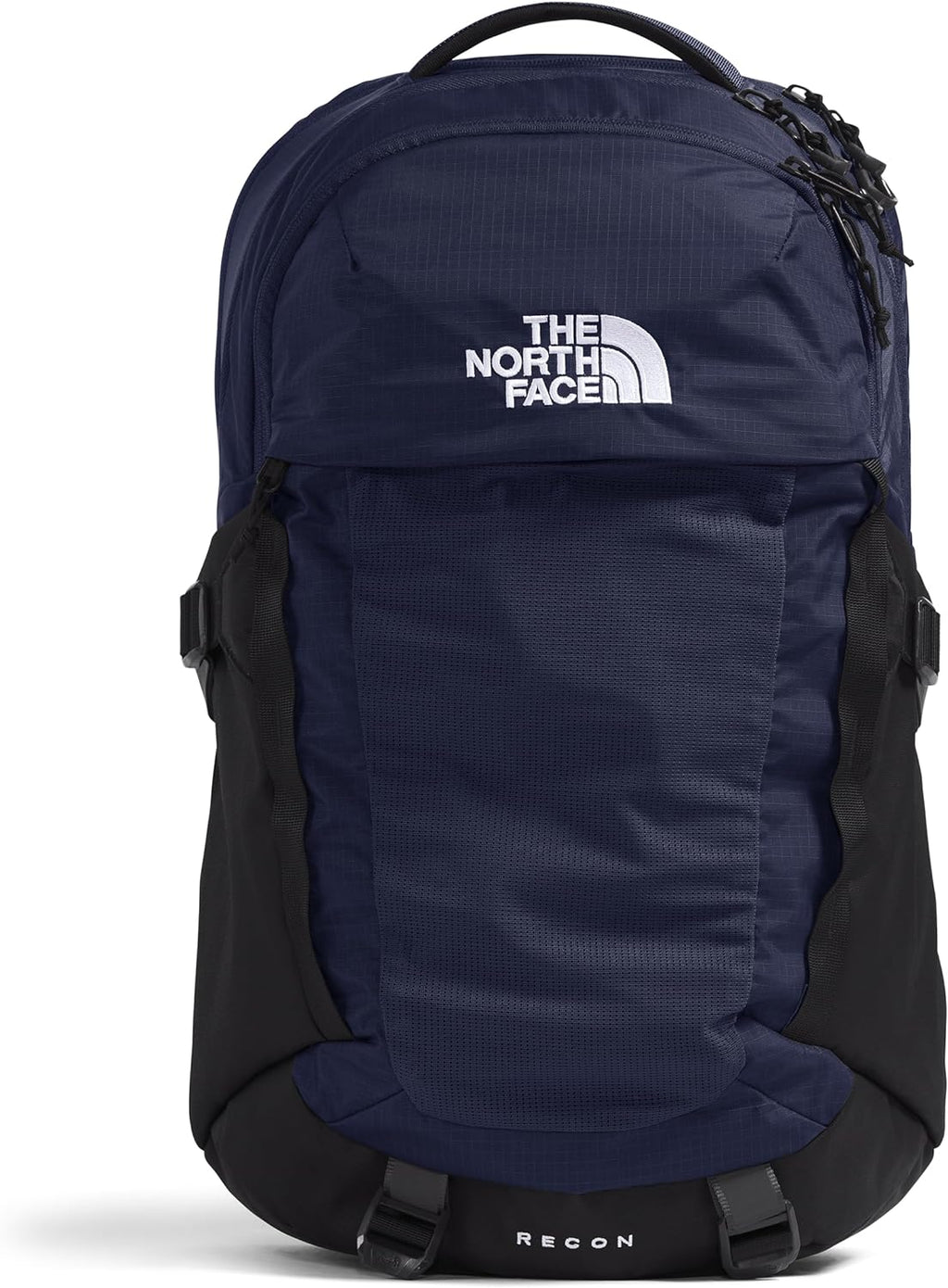 Navy laptop backpack with front panel, top handle, and The North Face logo