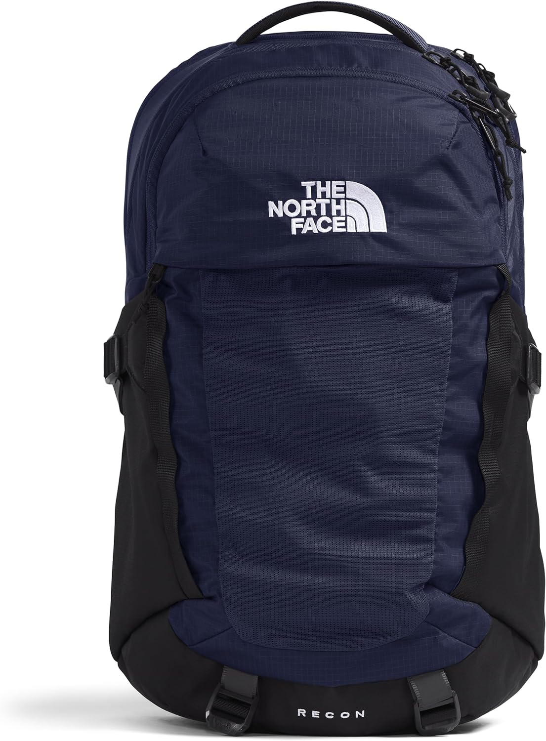 Navy laptop backpack with front panel, top handle, and The North Face logo