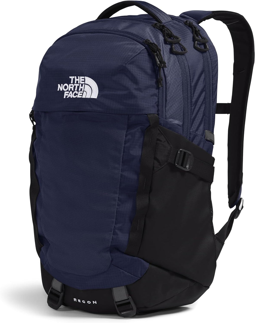 Navy and black laptop backpack with side zipper pocket and padded shoulder straps