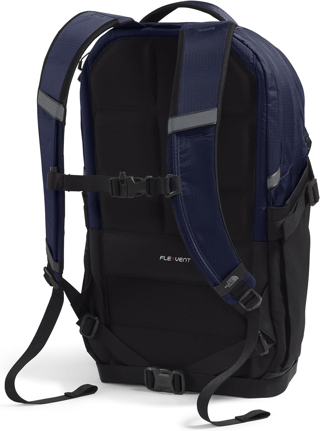 Navy laptop backpack with black back panel, airflow straps, and adjustable chest strap