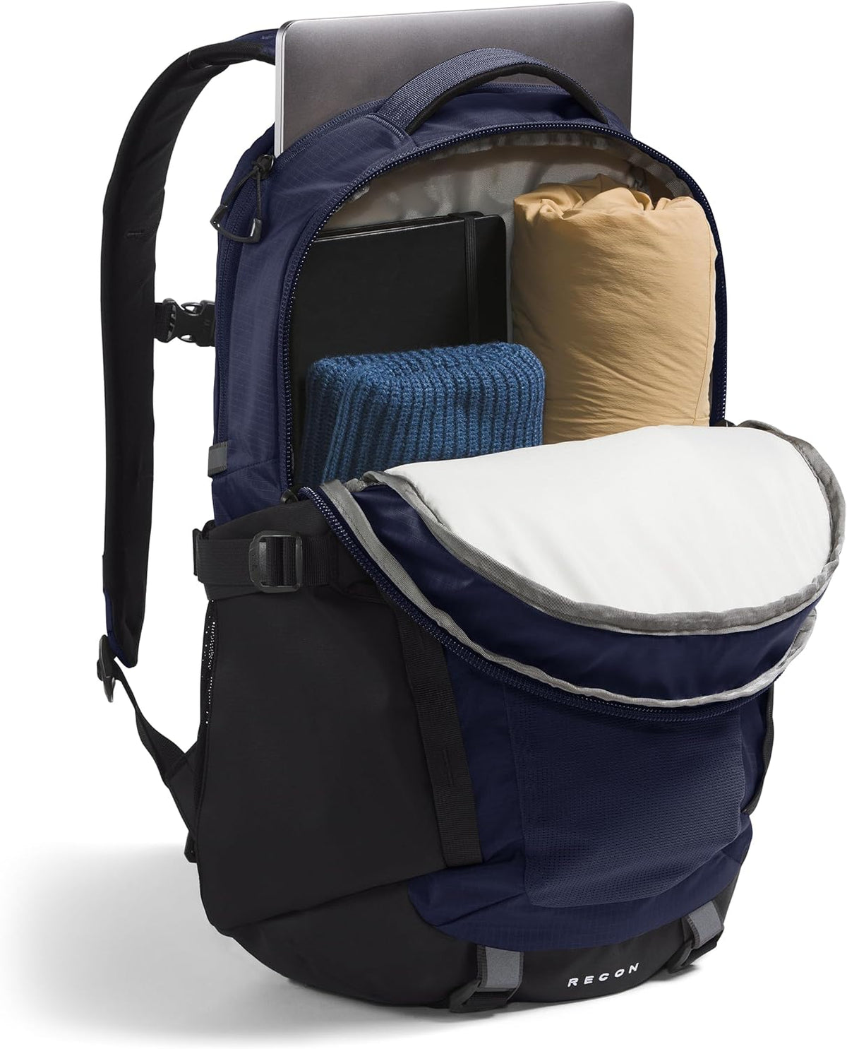 Navy laptop backpack open with sleeves and organizer pouches for smaller items