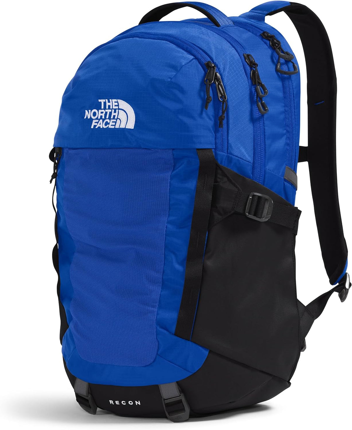 Blue and black laptop backpack with side storage panel and adjustable shoulder straps.