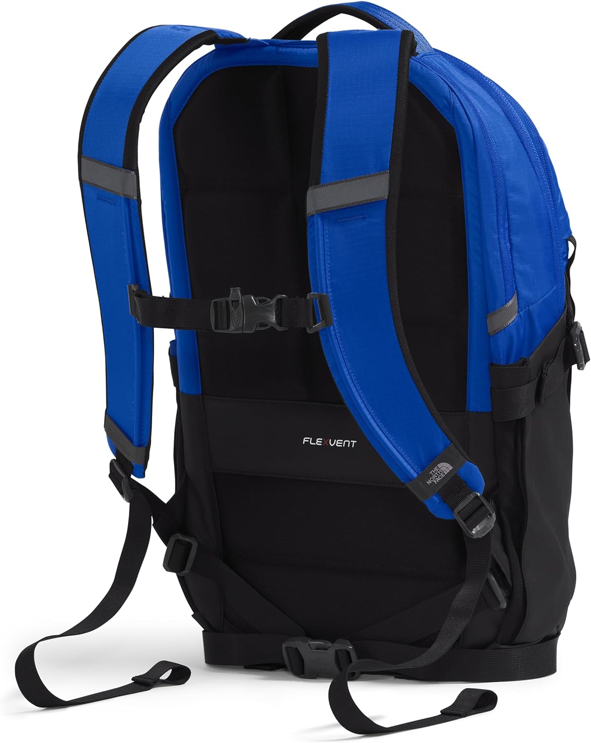 Blue and black laptop backpack with fleece vent back panel and padded shoulder straps.