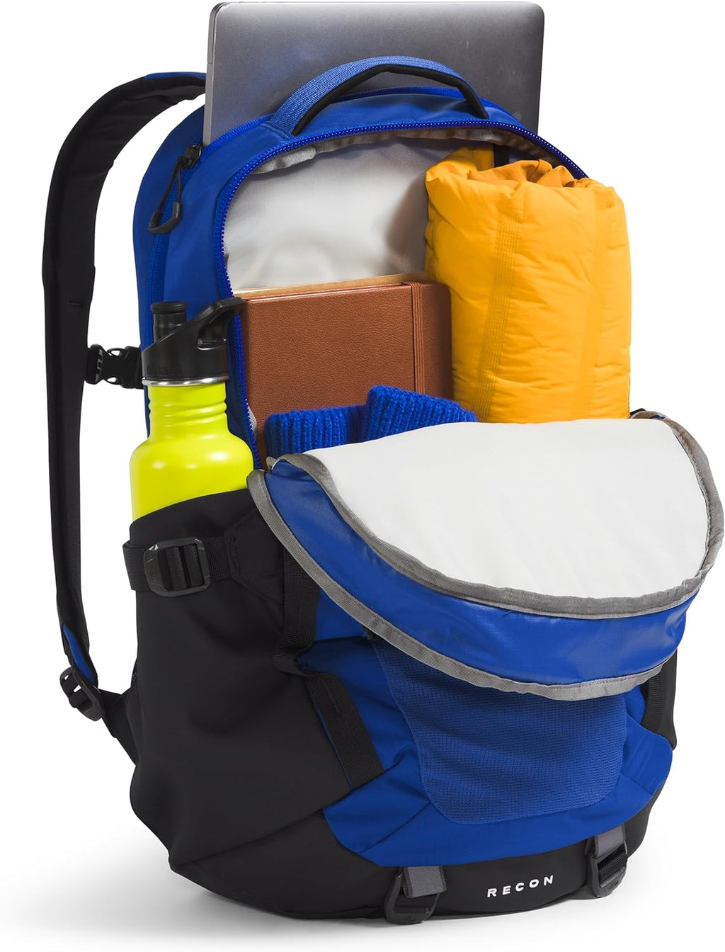 Blue laptop backpack packed with a water bottle, paper, and small gear in compartments.