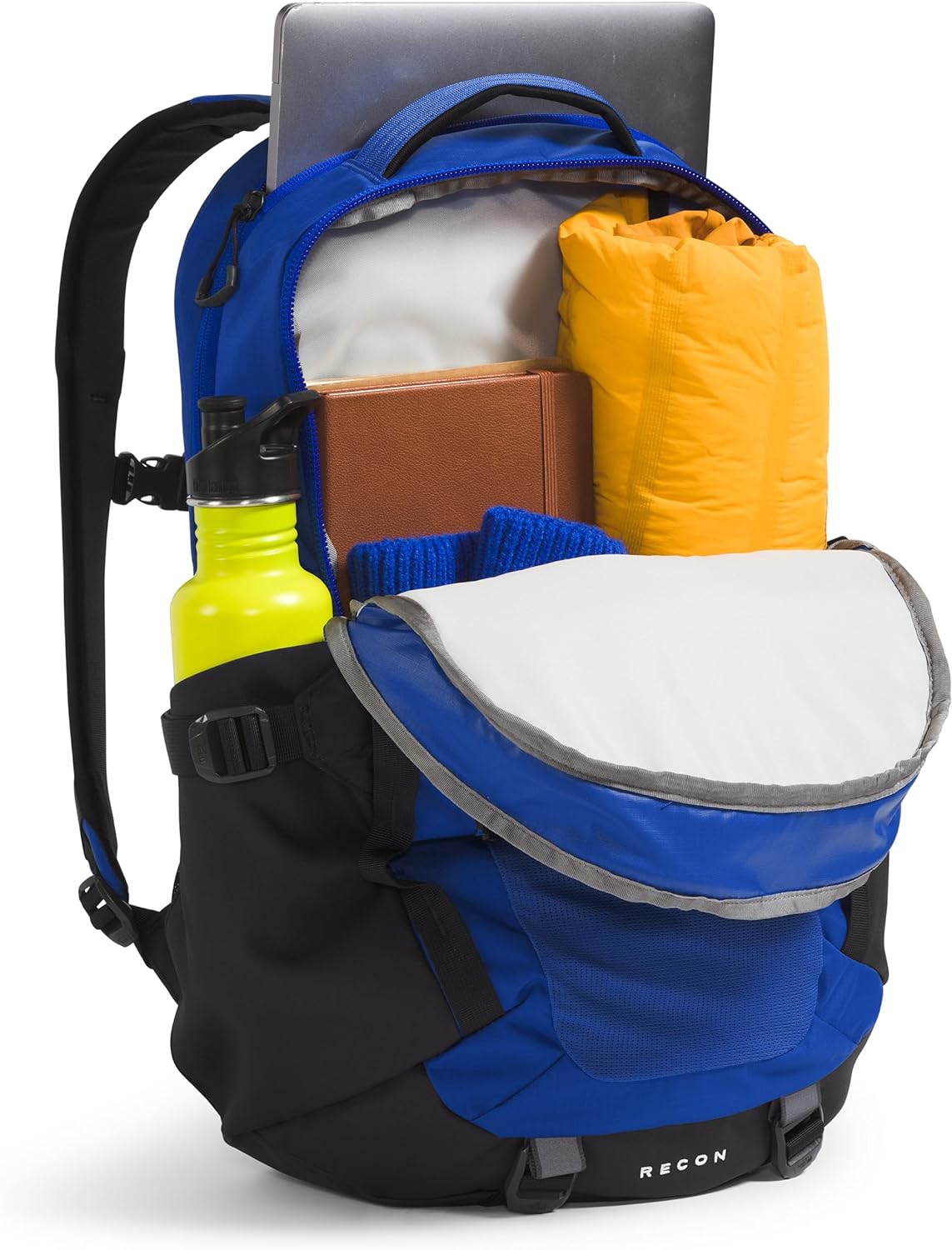 Blue laptop backpack packed with a water bottle, paper, and small gear in compartments.