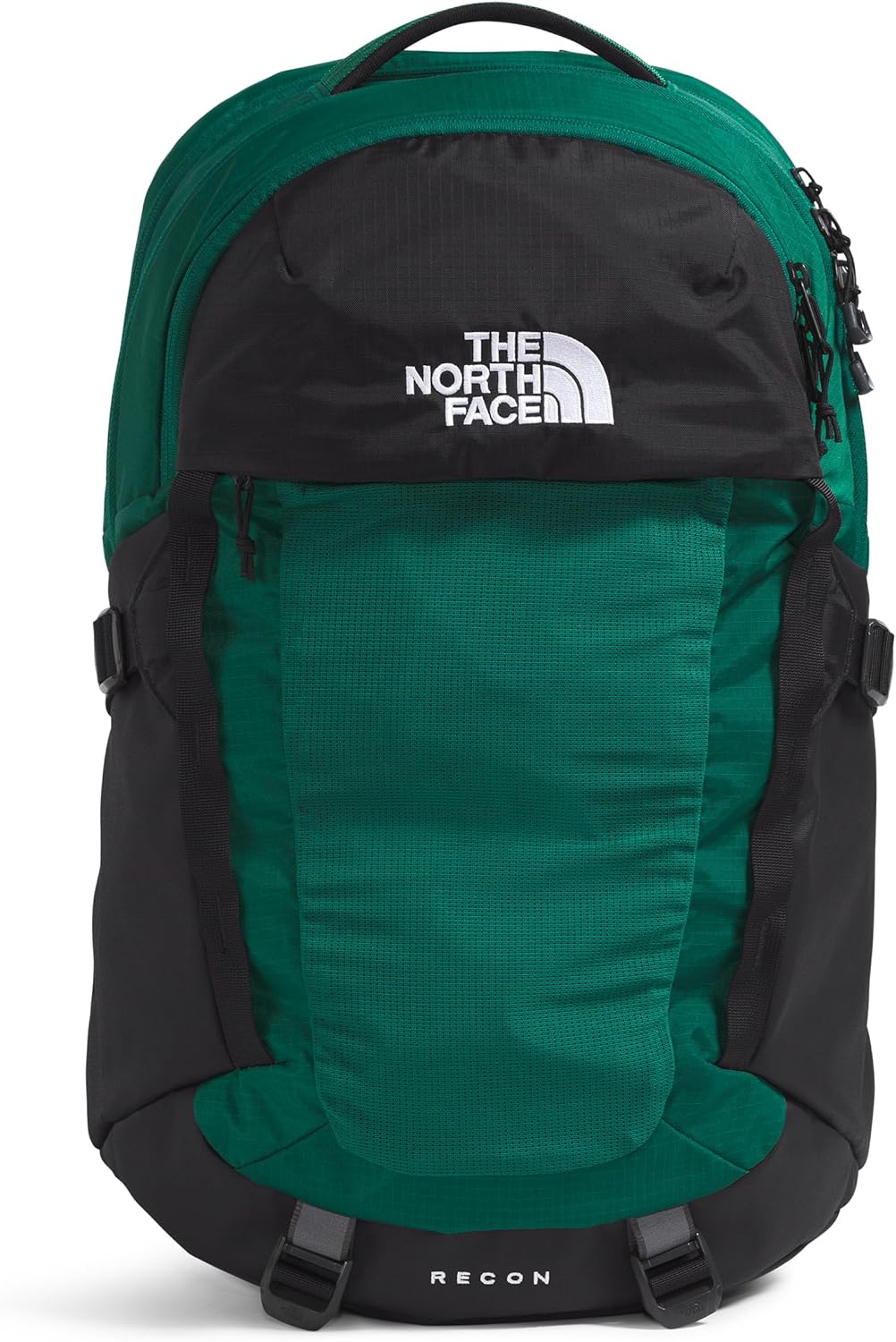 Green and black laptop backpack with front logo and zip pockets, Recon Everyday style.