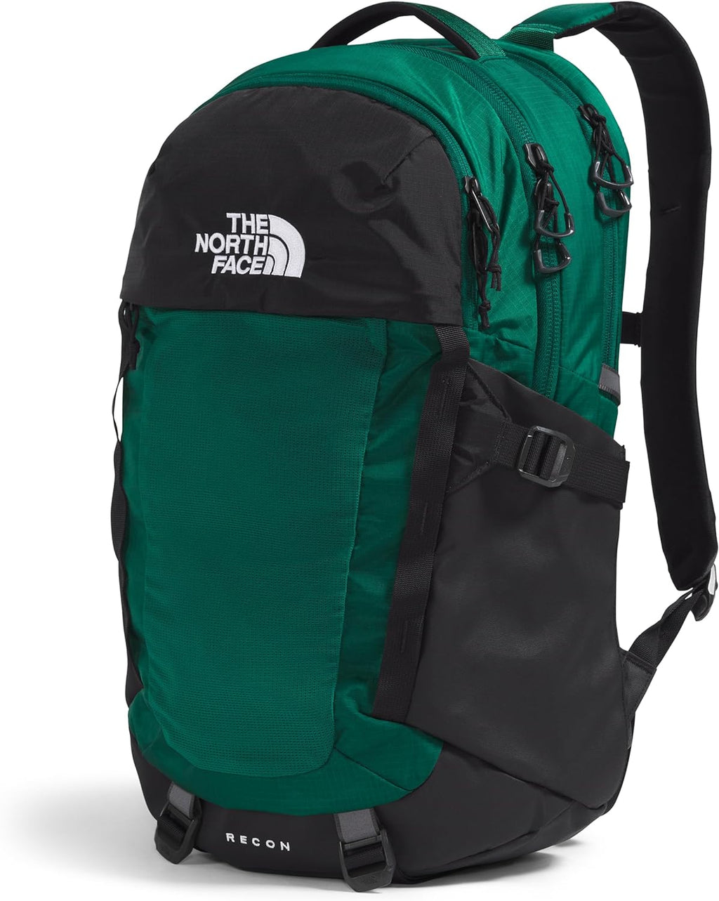 Green and black laptop backpack with front panel pocket and adjustable shoulder straps.