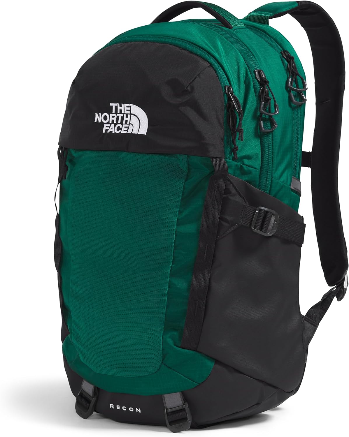 Green and black laptop backpack with front panel pocket and adjustable shoulder straps.
