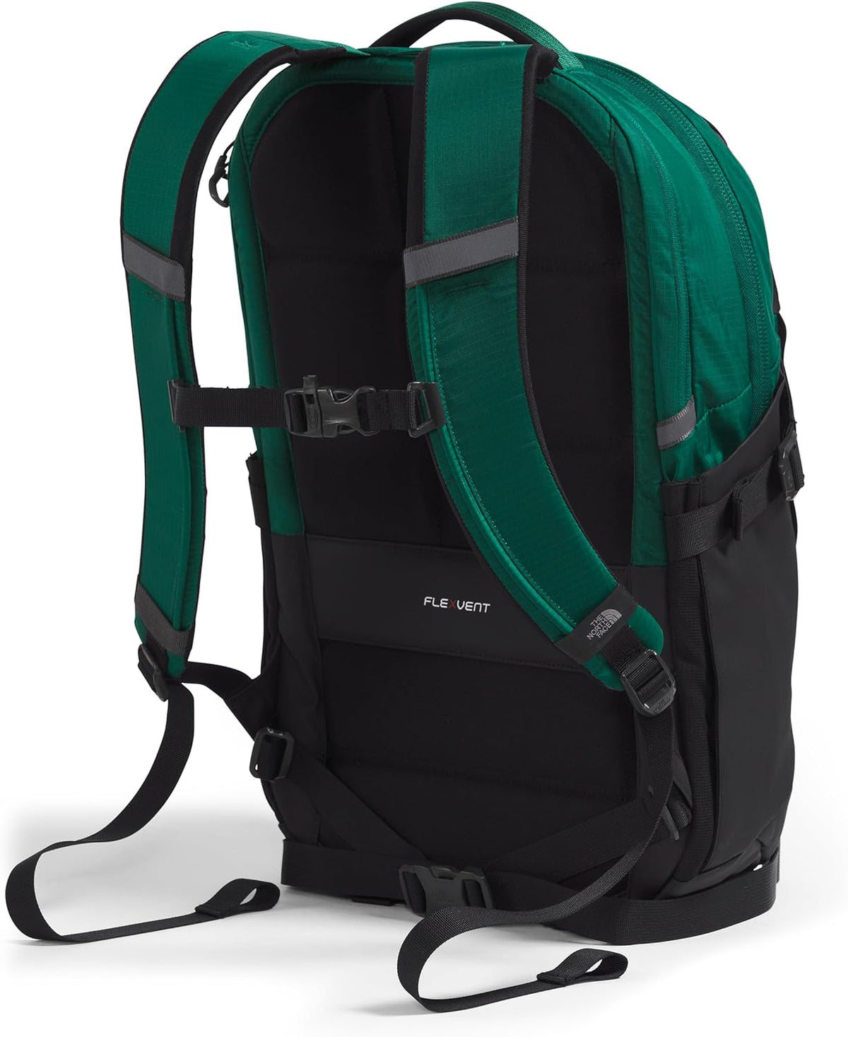 Green and black laptop backpack with fleece vent back panel and padded shoulder harness.
