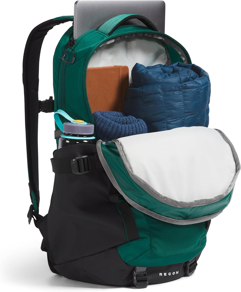 Green and black laptop backpack packed with bottles, pouches, and bundled items.
