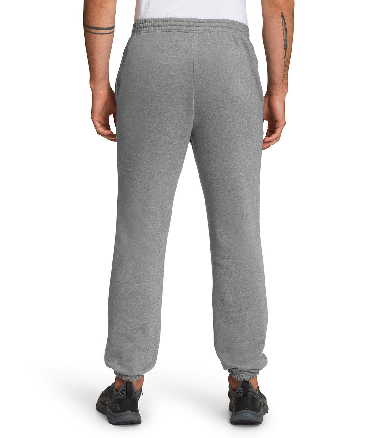 Men's grey heather sweatpants, elastic waistband and tapered ankle cuffs