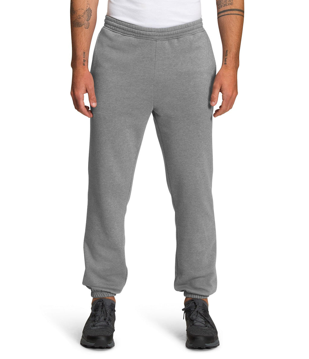 Men's grey heather sweatpants with elastic waistband and ankle cuffs, small logo on leg