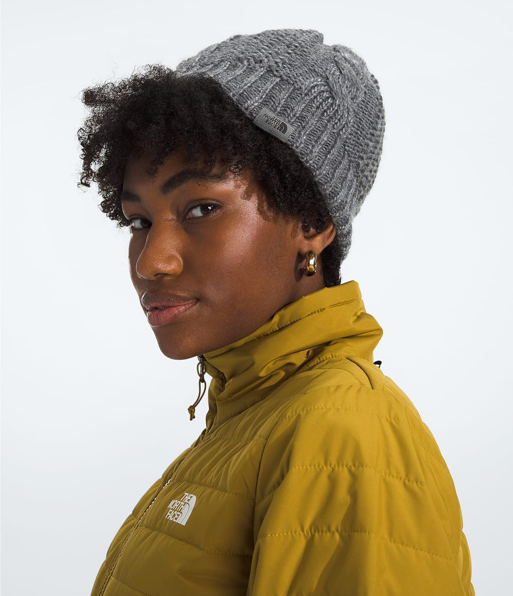 Medium grey heather knit beanie with cable pattern