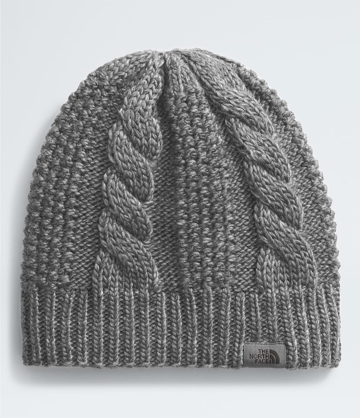 Medium grey heather cable-knit beanie with ribbed bottom and logo patch