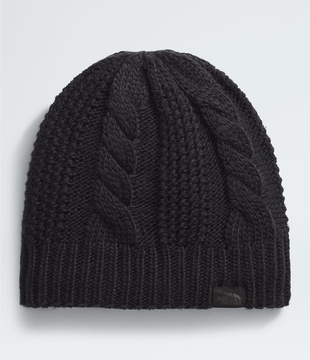 Black cable-knit beanie with ribbed cuff and small logo patch