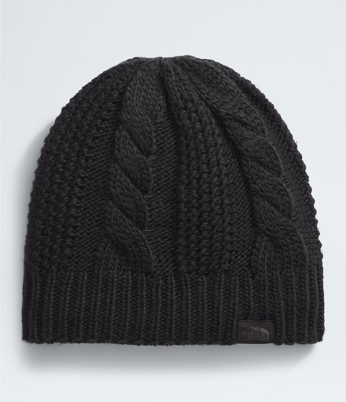 Black cable-knit beanie with ribbed cuff and small logo patch