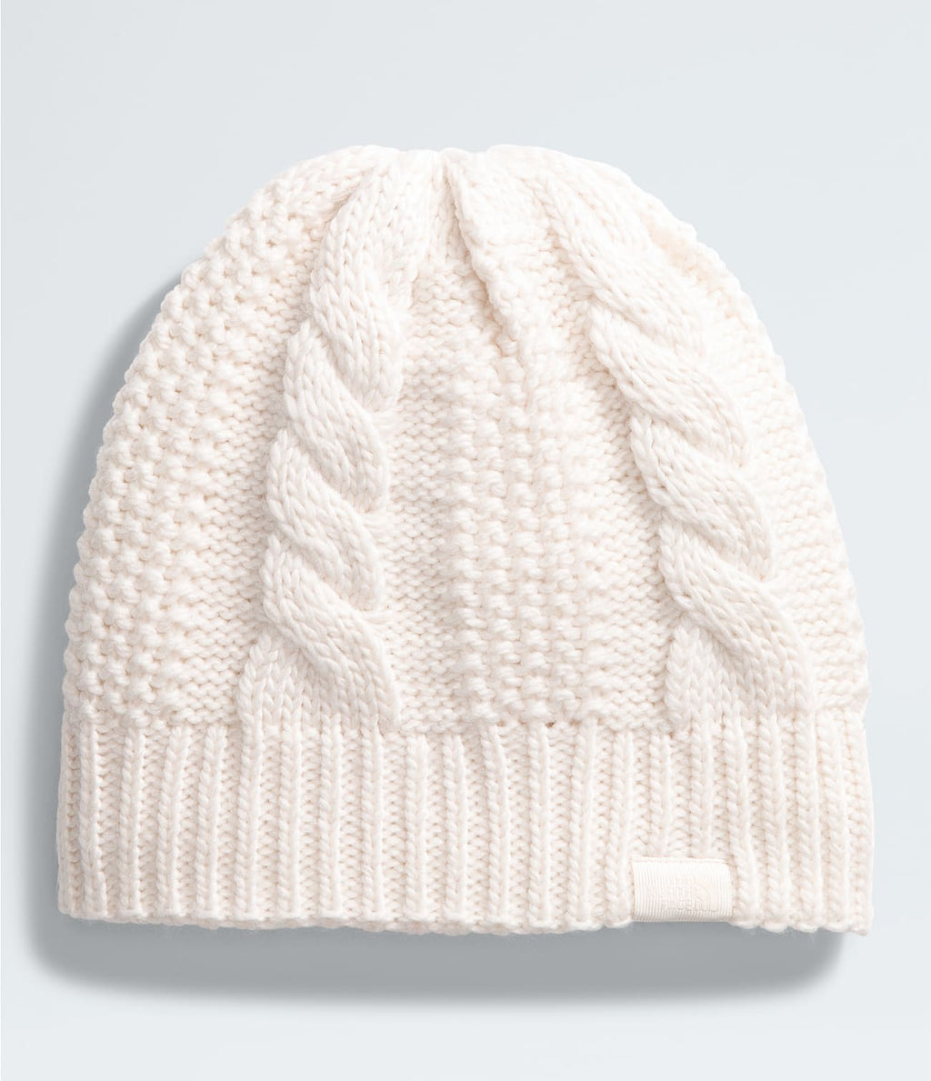 White dune cable-knit beanie with ribbed cuff