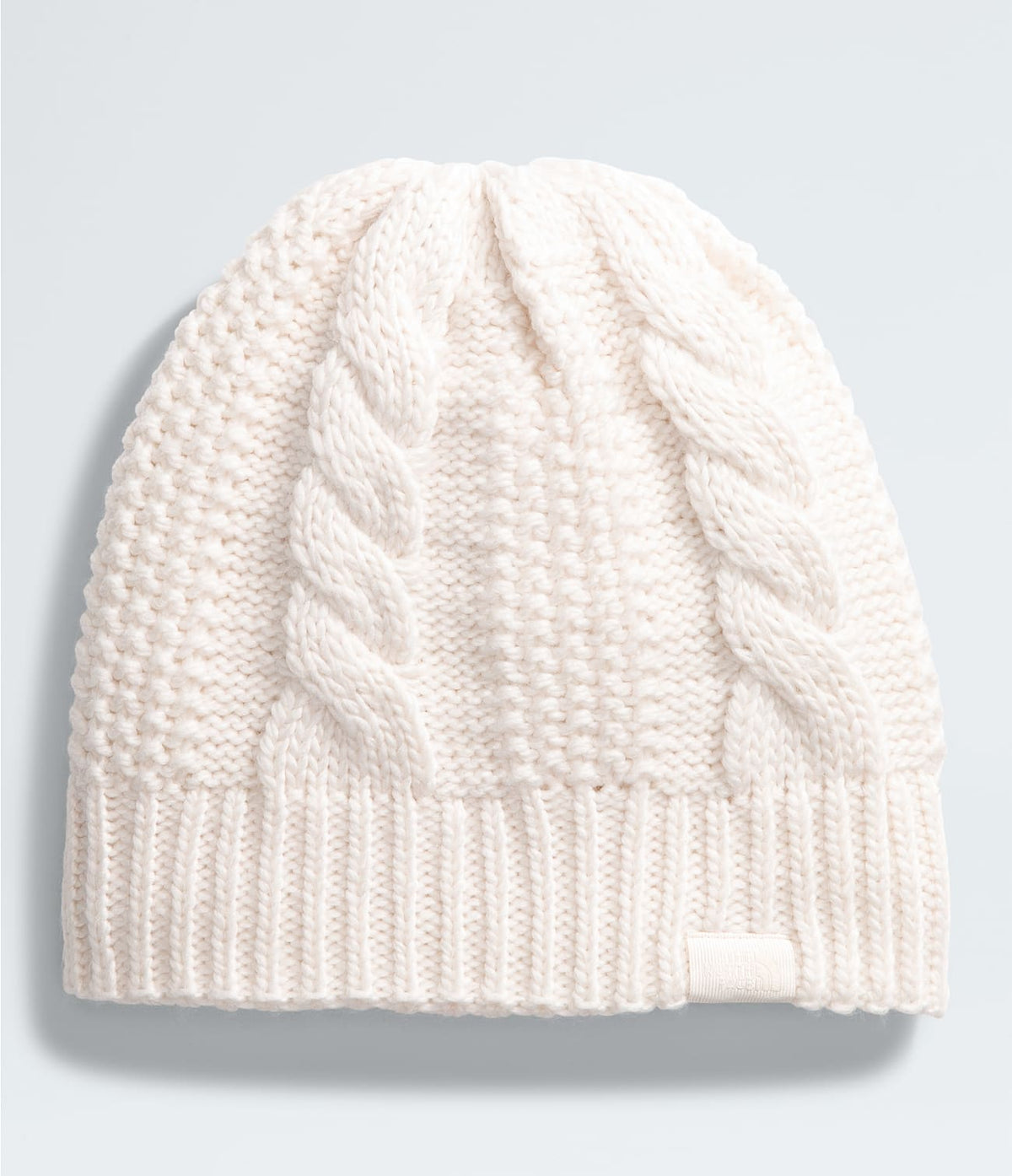 White dune cable-knit beanie with ribbed cuff