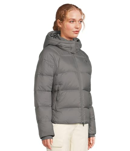 Women’s hooded down puffer jacket in light gray, side view with logo on chest.