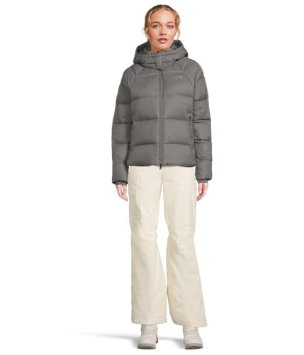 Women’s hooded down puffer jacket in light gray with front zipper and straight hem.