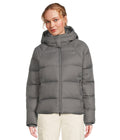 Women’s hooded down puffer jacket in light gray with full-length zipper.